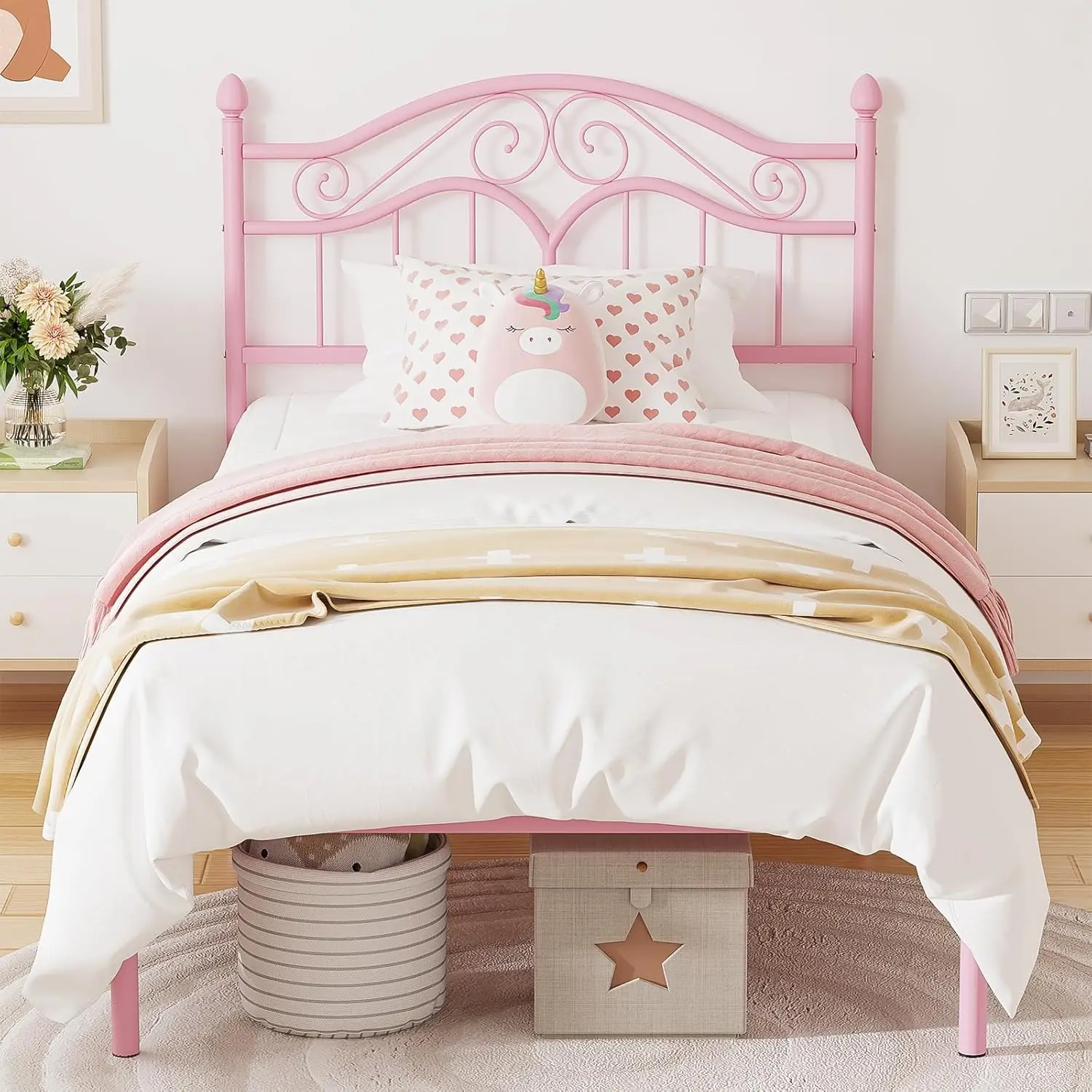 

Twin Size Metal Bed Frame with Vintage Headboard, Twin Bed Frames for Kids with Storage Space, No Box Spring Needed