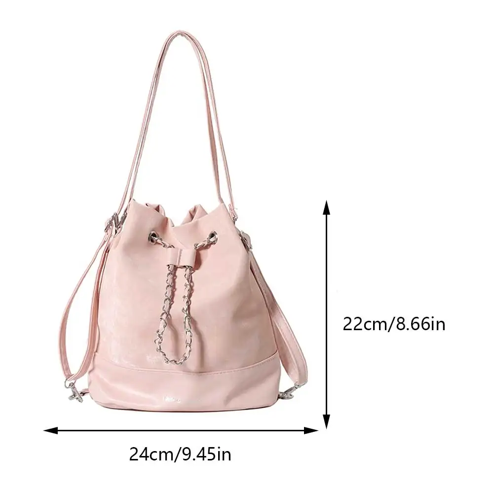 Women Fashion Shoulder Bag Large Capacity PU Drawstring Bucket Bag Chic Hobo Bag Solid Color Adjustable Strap for Outdoor Travel