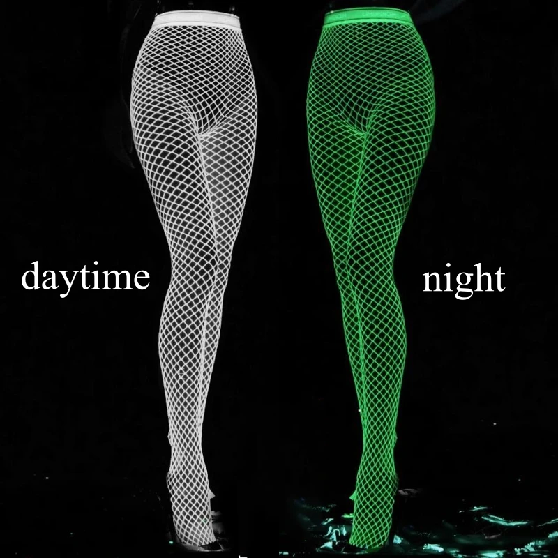 Large Size Luminous Stockings Glow In The Dark Pole Dance Clubwear Hollow Out Crotchless Pantyhose Sexy Lingerie Fishnet Tights