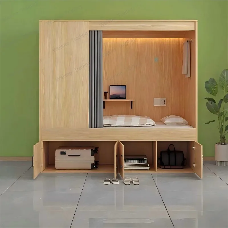 Factory Design Stylish Single Layer Capsule Bed Solid Wood With Under Bed Cabinet For Home Use Youth Dormitory