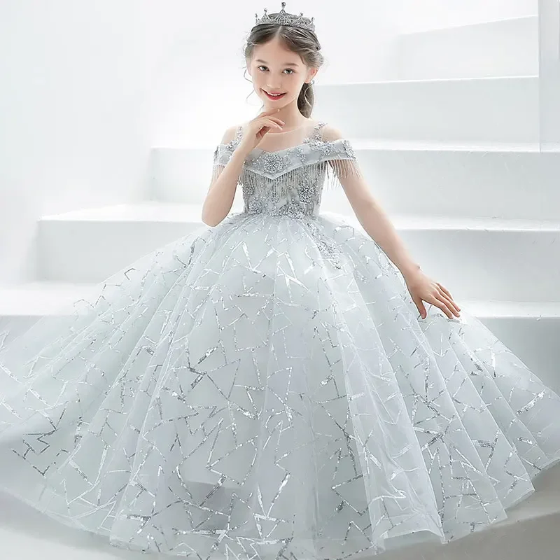 

Little Girls Princess Party Dress Kids Birthday Party Outfits Gown Children Tulle Long Prom Dresses Teen Girls School Graduation