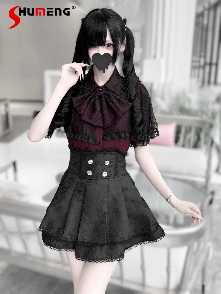 Japanse Mijn In massa geproduceerde Lolita Korte Mouw Zomer meisje Vrouwen Subcultuur Kant Cape Boog Lolita Shirt Top Mini rok