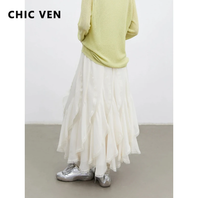 

CHIC VEN Новая женская юбка с оборками, белая, свободная, повседневная, асимметричная, с кружевом, на резинке, средней длины, весна-лето 2026
