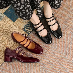 2024 Spring/summer Mary Jane Shoes Patent Leather Woman Shoe French Square Toe Thick Heel Shoes Women Buckle Strap Commute Pumps