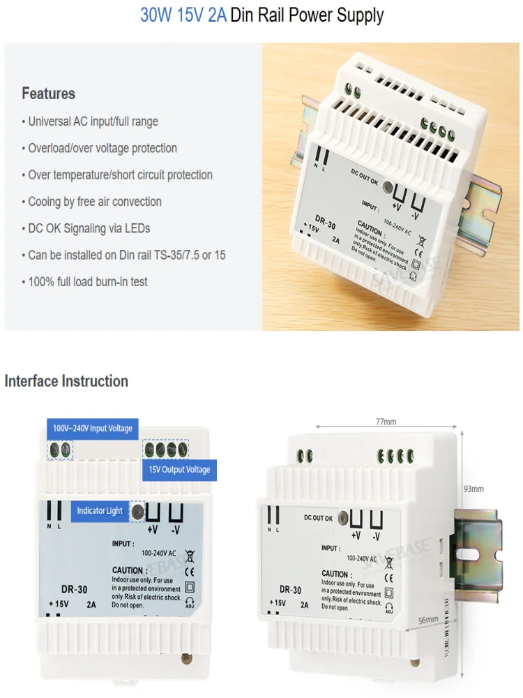 DR-30-15 DIN Rail Power Supply 30W 15V 2A AC100-240V LED for CCTV Intercom Doorbell Security Overvoltage Protection CE RoHS