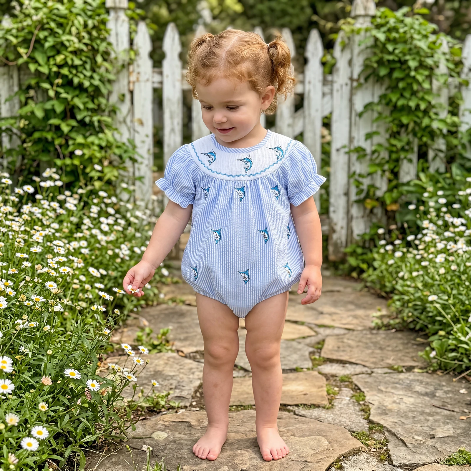Baby Girl Summer Striped Romper Fashionable Swordfish Embroidery Puff Sleeve Bodysuits Jumpsuit 2026