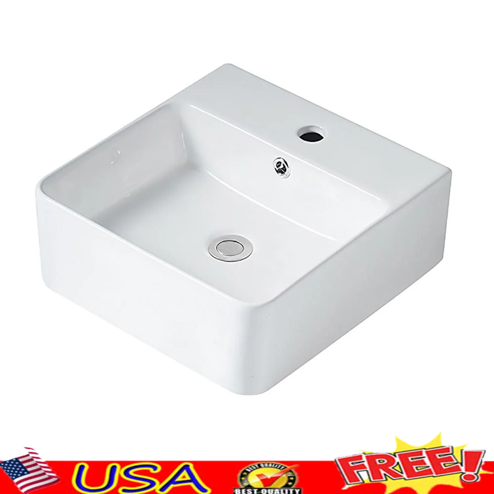 Lavabo rectangular de cerámica para baño, color blanco, encima del mostrador, diseño moderno