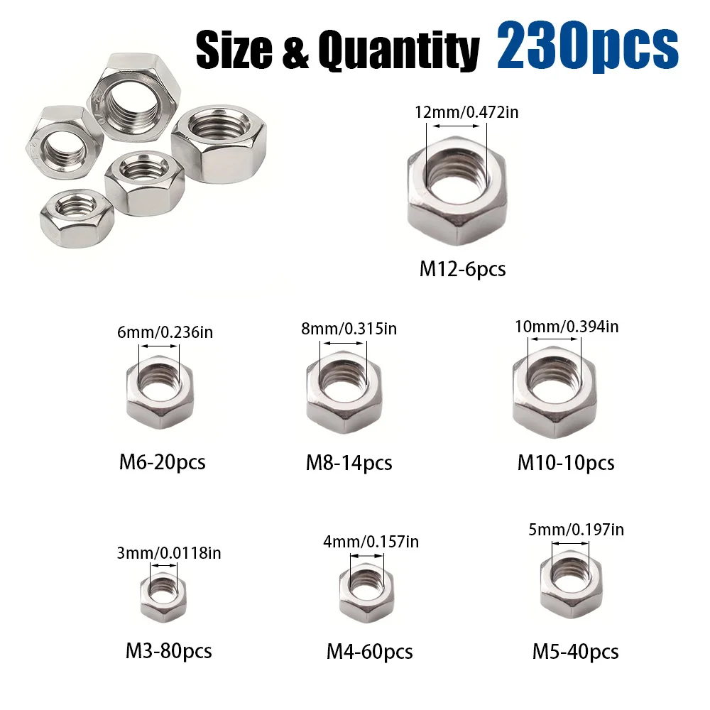 230-Piece Set of Stainless Steel Hexagonal Nuts M3M4M5M6M8M10M12, Industrial Equipment Accessories, Home Building Maintenance