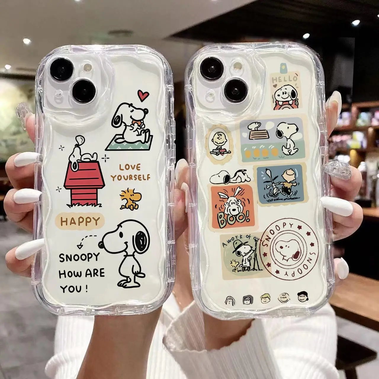 Cartoon Snoopy Love Wavy Side Case For OPPO Reno 11 12 10 Pro 12F 11F A3X A60 A78 A58 A35 A36 A54 A53 A17 A16 A79 A5S A3S Cover