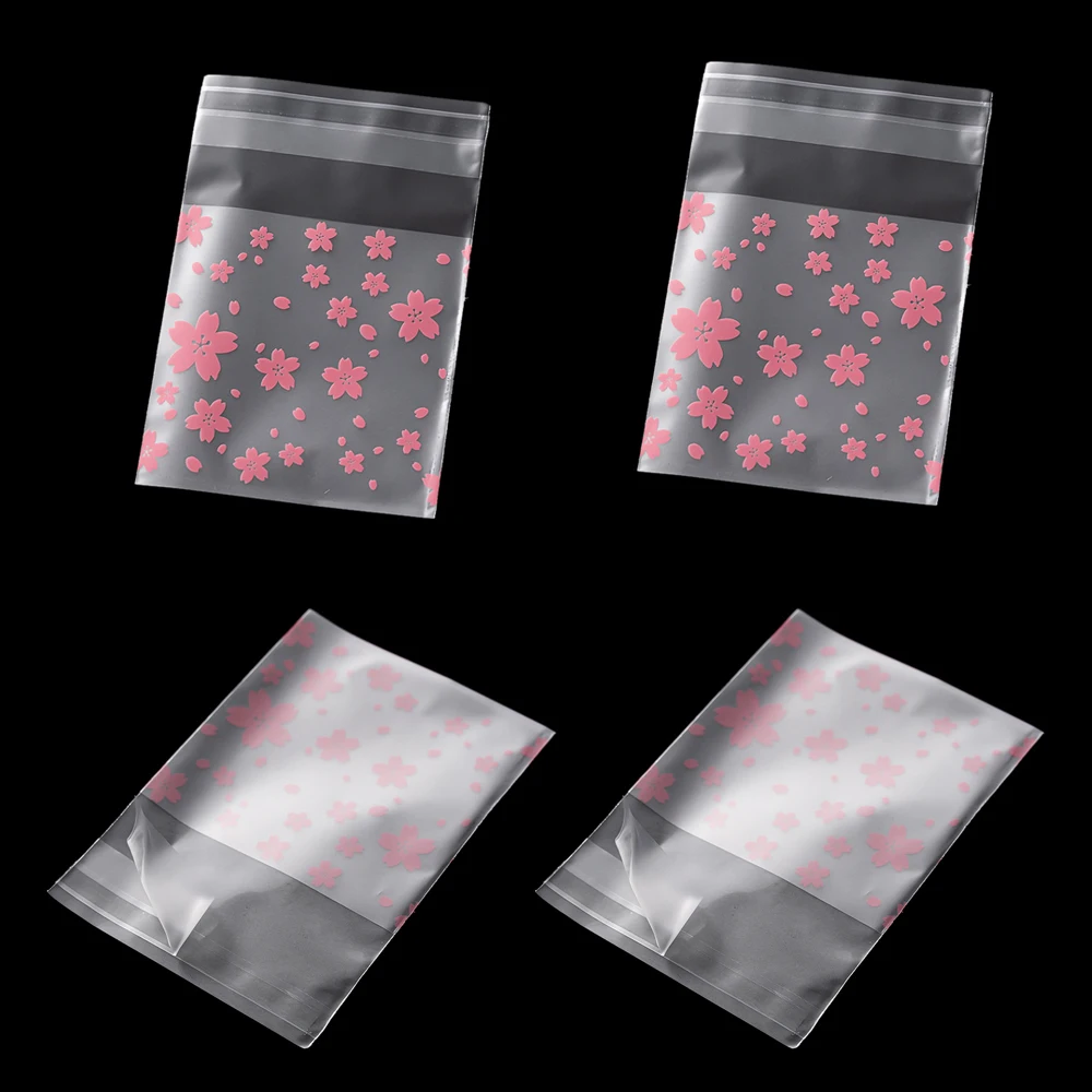 100pcs/Lot Cherry Blossoms Self-adhesive Bags For DIY Biscuits Candy Baking Jewelry Packaging Supplies Pouch Small Businesses