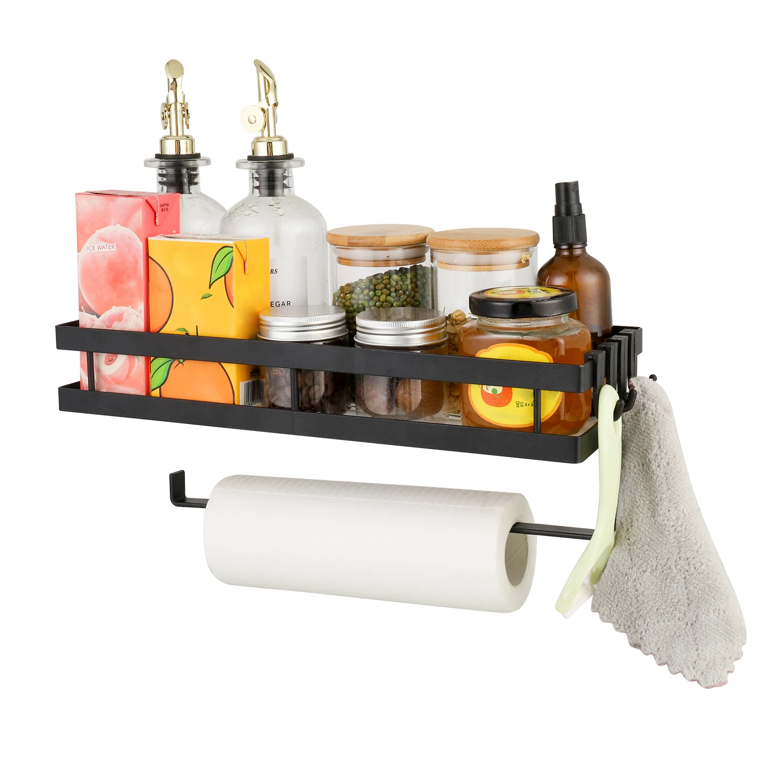 Gewürzregal Wand,Mit Küchenrollenhalter und 4 Haken,Küchenutensilienhalter,Küchenregal Wand Ohne Bohren