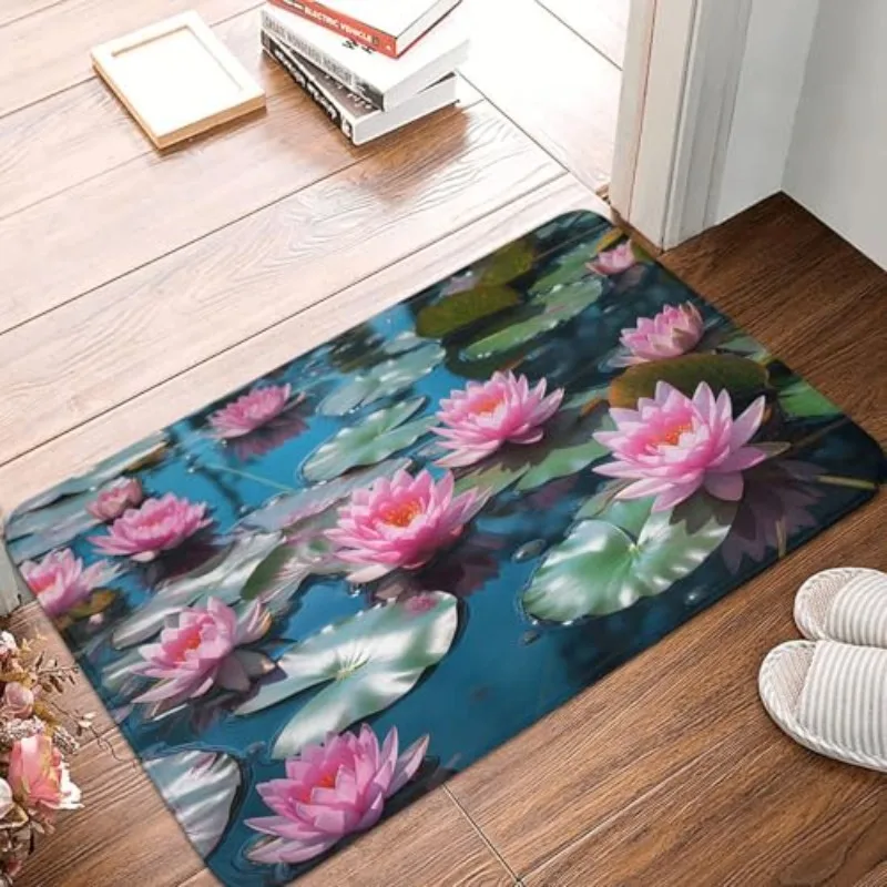 Stunning Printed Doormat Vivid Pink Water Lily Lotus Pond Floral Art Floor Mat for Entry Hall Porch Indoors Outdoors Western