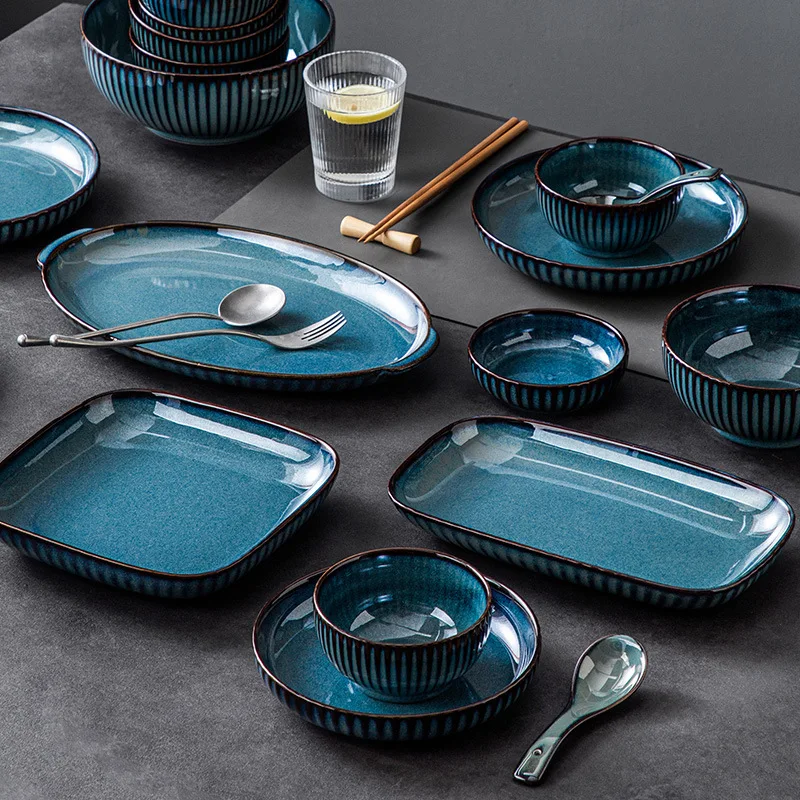 Blue Kiln Glazed Ceramic Plates, Microwaveable Dinner Plates, Round Rice Salad Bowls, Household Tableware