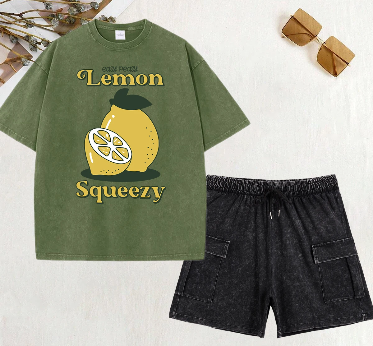 

Delicious Lemon Squeezy Printing Women Washed T Shirt Cotton Casual Short Pants Crewneck Summer T Shirts Street All-Match Sets