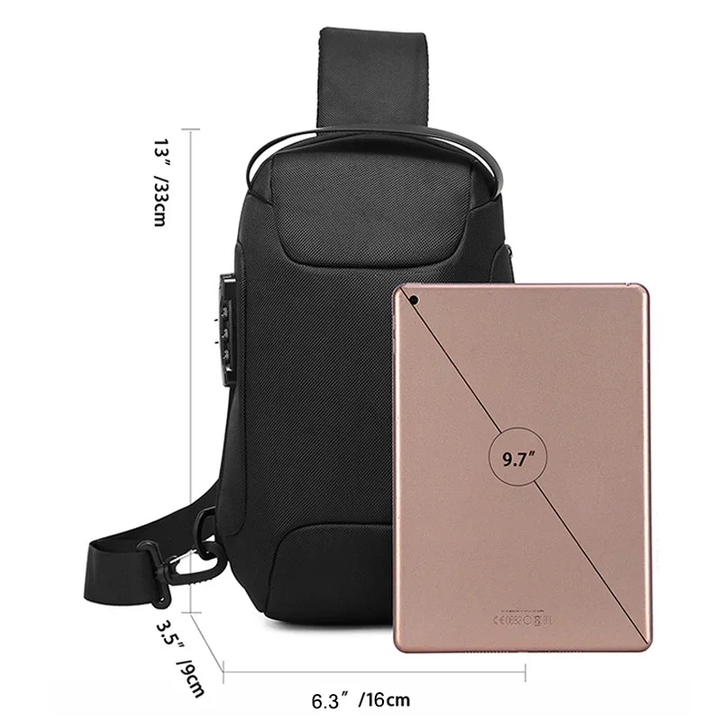 Bolsa Crossbody masculina de gado com porta de carregamento USB, Bolsa de Ombro Anti-Roubo, Sling Oxford impermeável, Bolsa Peito Multifuncional