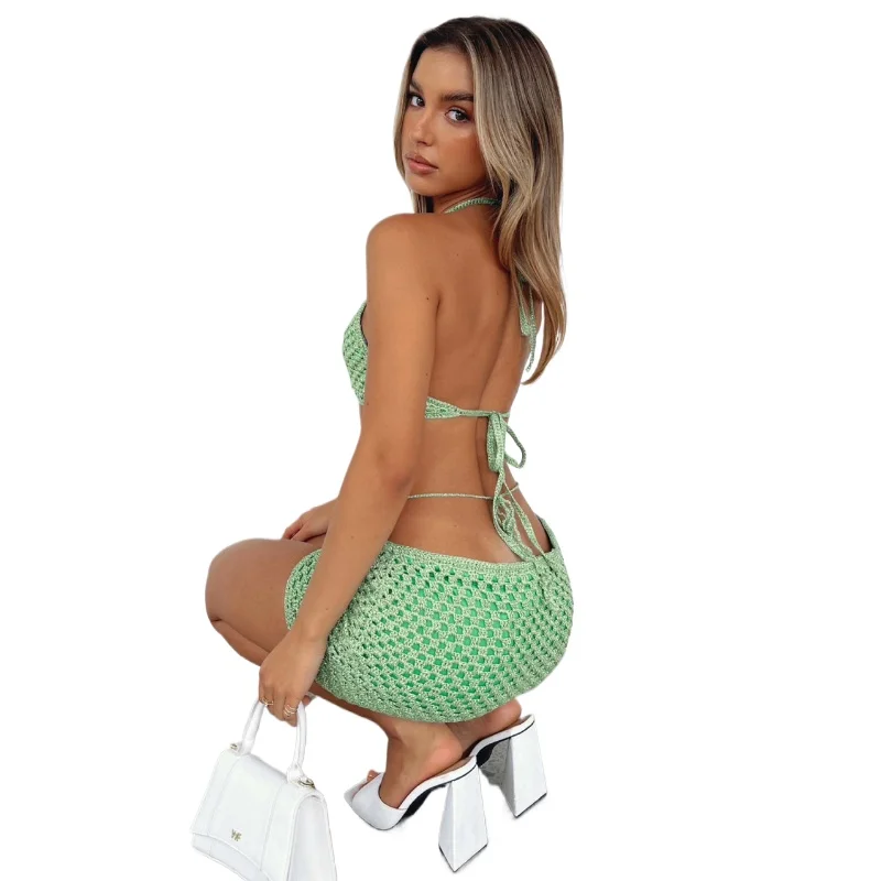 ฤดูใบไม้ผลิ/ฤดูร้อน 2025 แฟชั่นผู้หญิงถัก Openwork Spice สาวชุดกระโปรงสะโพกและ Halter Top