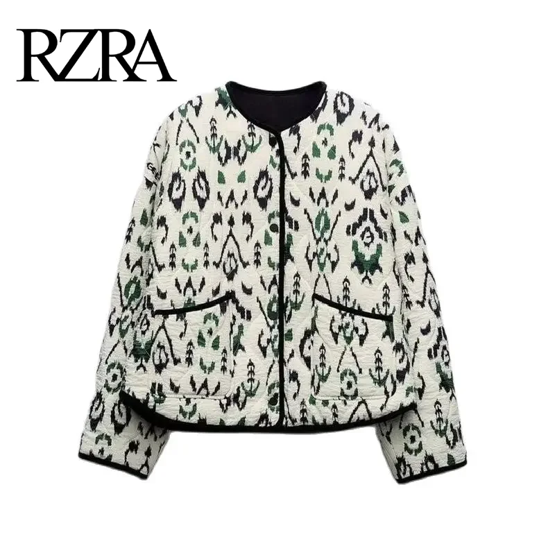 

RZRA original 2024 winter new women's round neck long sleeve geometric pattern printed quilted cotton jacket straight loose