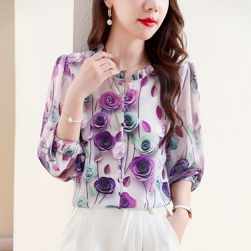 2025 Spring Summer Fairy Blouse Pullover Girls 3D Roses Printing Ruffled V Neck Chiffon Blouses Tops Women Shirts