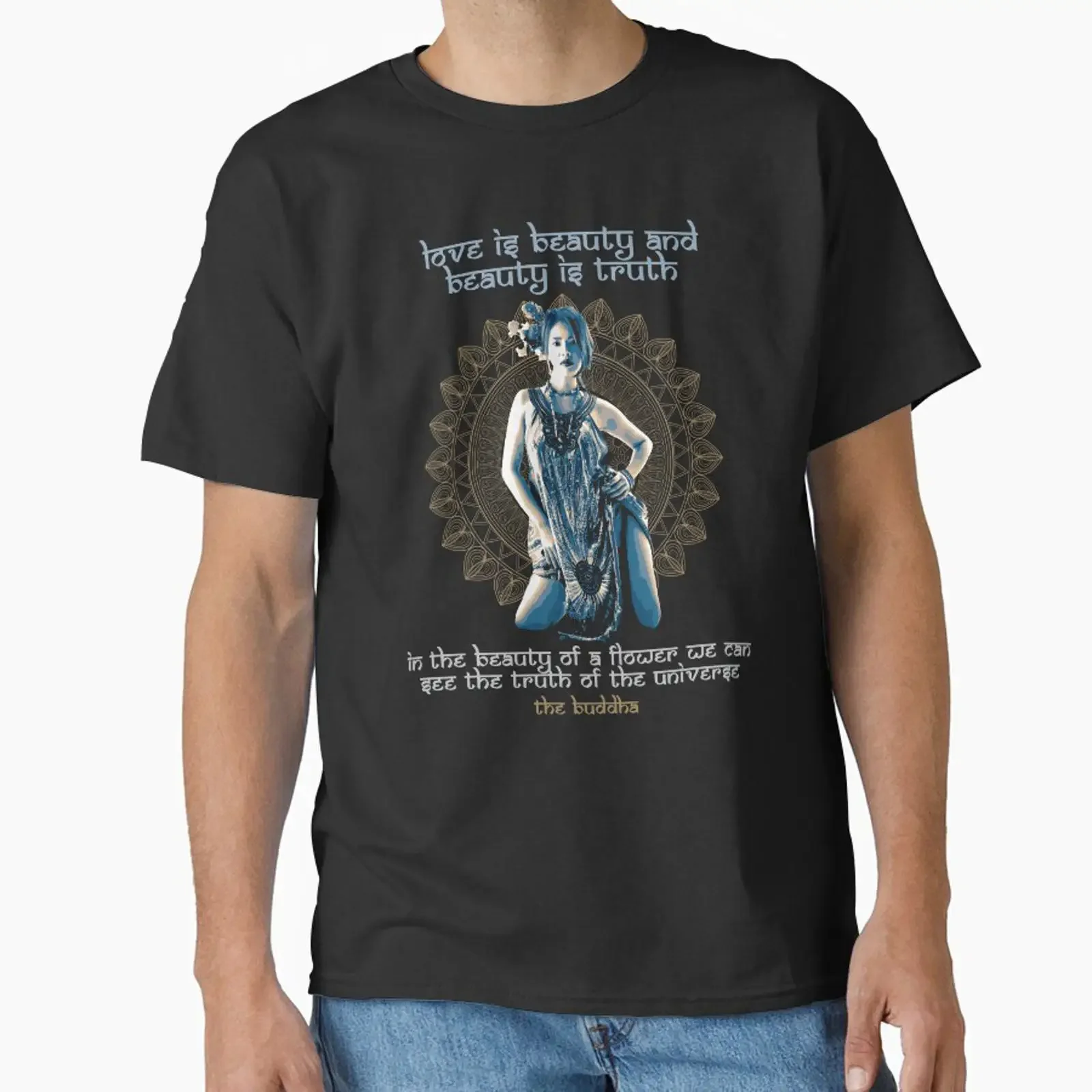 L'amour est la beauté et la vérité, proverbe bouddhiste, t-shirt classique au design mandala du Bouddha, streetwear polyvalent vintage lavé