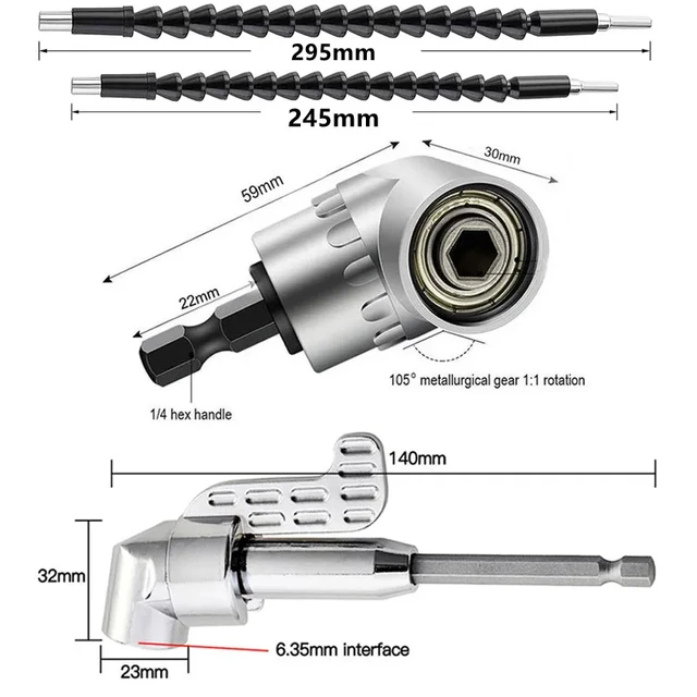 105 Degree Right Angle Drill Adapter Flexible Shaft Extension Bit for Screwdriver Hand Tools Magnetic Bit Socket Power Dril 6