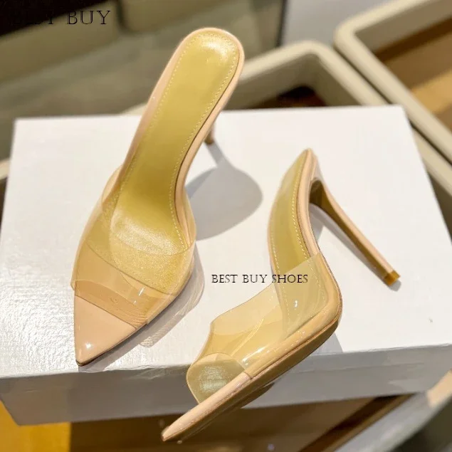 

Big Size 44 Pointy Toe peep toe Women Mules Shoes Metallic Leather Slip On Summer Sandals Stiletto Heel Evening Dress Shoes gold