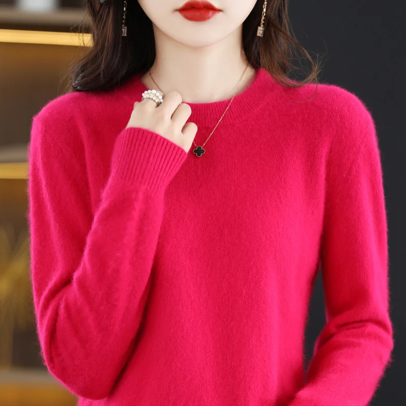 Autumn and Winter New Women\'s 100% Mink Cashmere Sweater O-Neck Knitted Pullover Casual Loose Large Basic Fashion Top