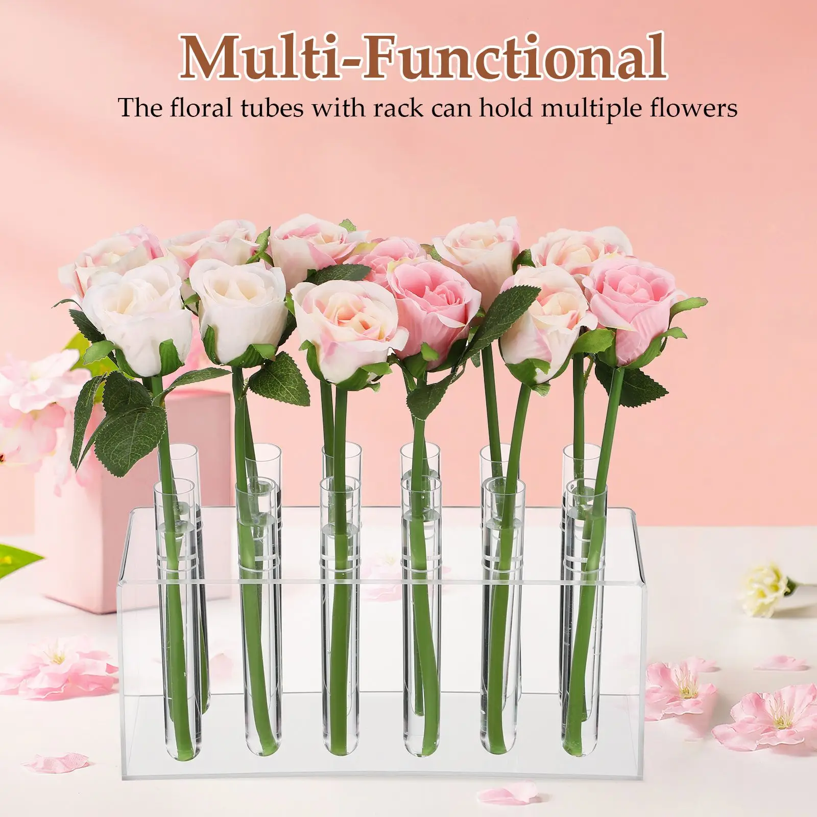 12 Pcs Acrylic Flower Vase Kit 26CMx8CMx10CM Transparent Elegant Floral Tubes With Rack Stable Support Multi Functional