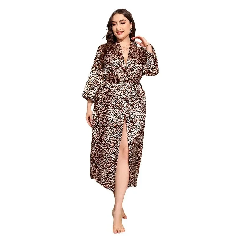 Silk Nightgown Large Size Long Sleeve Home Clothes Women's Leopard Print Bathrobe Пижама Женская