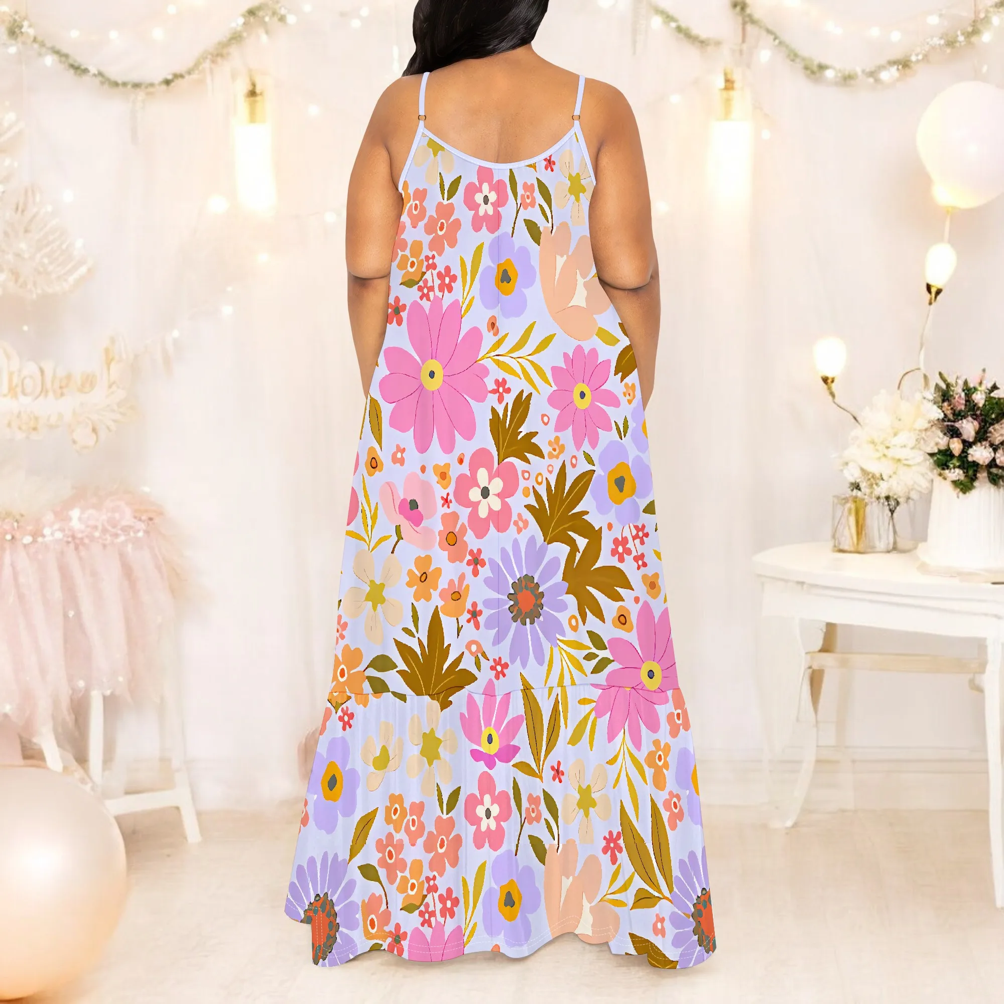 Maxi-jurk met bloemenprint voor dames in grote maten, mouwloos met zakken, zomer-casual jurk, elegant ontwerp met V-hals