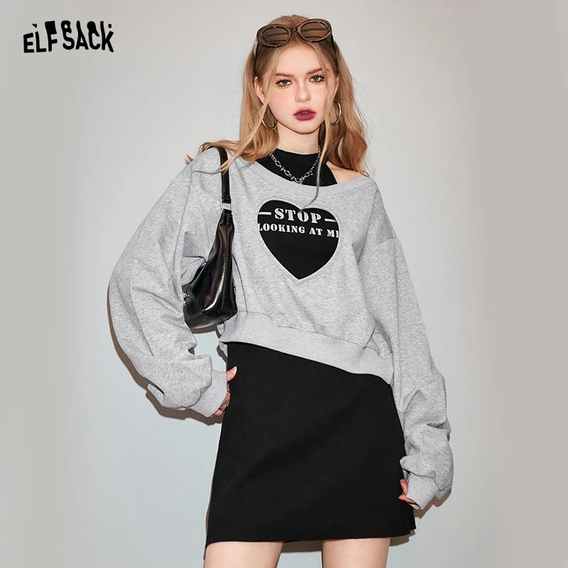 ELFSACK Two piece set of heart-shaped hollow out hoodie with suspender dress for women's spring 2024 design sense skirt