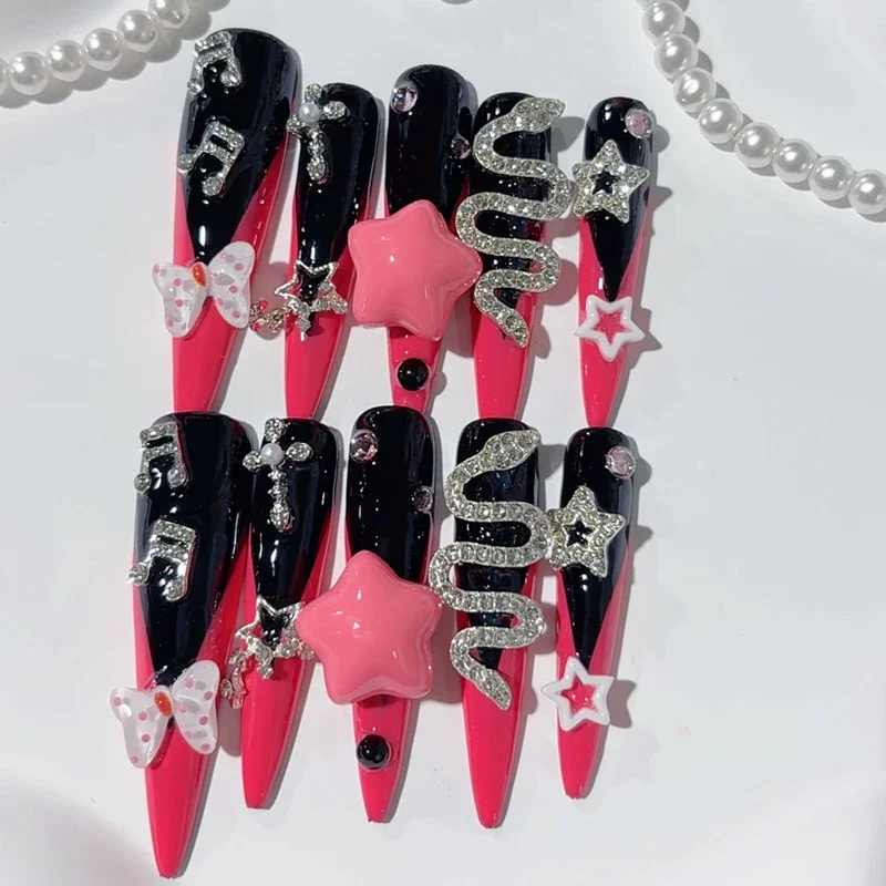 Atacado artesanal xxxl longo 10 pçs imprensa em unhas y2k bling strass longo stiletto quadrado unhas falsas reutilizáveis unhas falsas