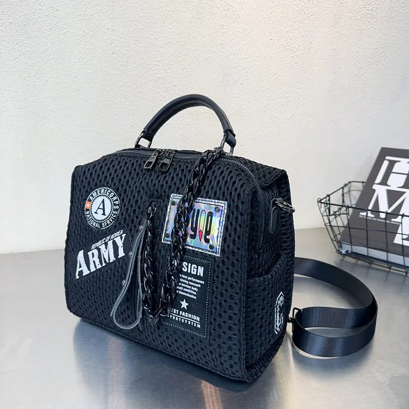 Large Capacity Women's Fashion Mesh Nylon Patch Shoulder Backpack Multi-Function Chain Handbag PU Leather Zipper Closure