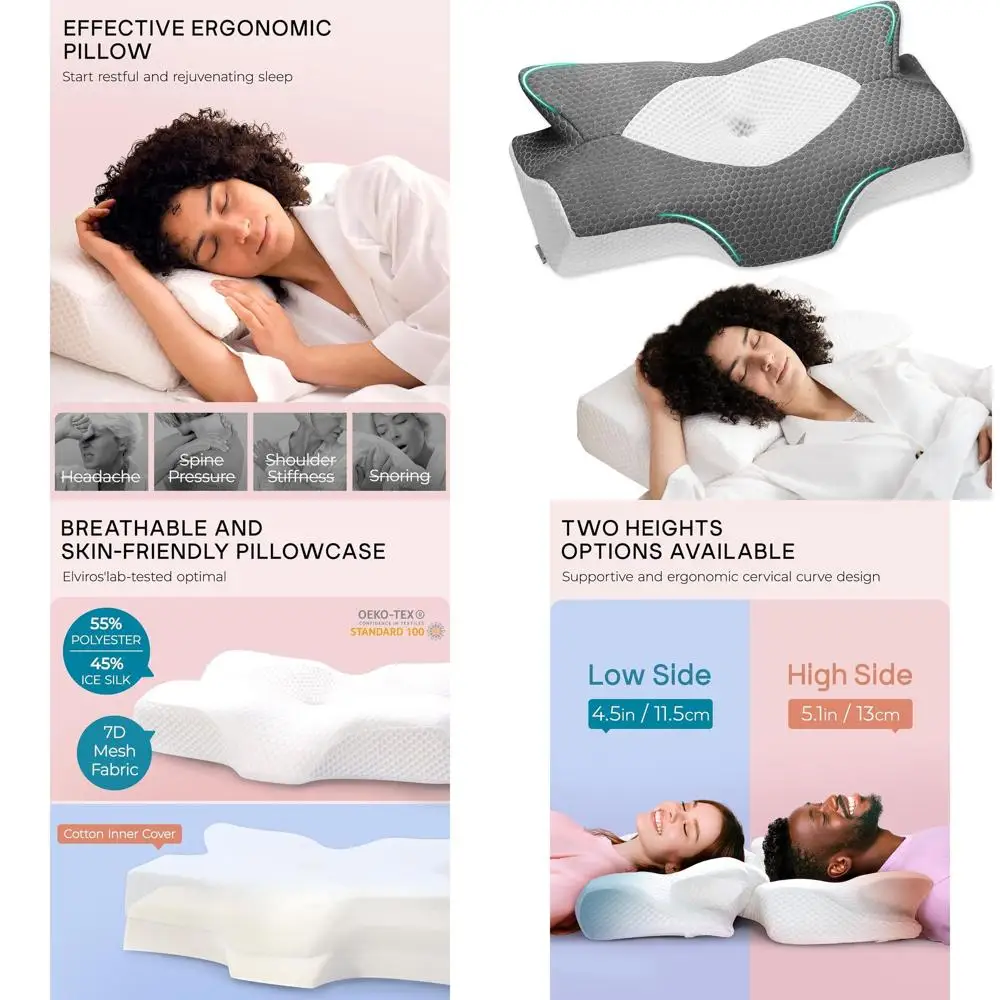 

Подушка из пены с эффектом памяти для снятия боли в шее и плечах, идеально подходит для тех, кто спит на боку, эргономичная поддержка для тех, кто спит на спине и на животе (средняя жесткость)