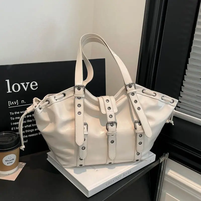 

Retro-punk Drawstring Tie American PU Leather Y2k Large-capacity Storage Bag Shoulder Bags Handbag Woman Bag Tote Bags Purse