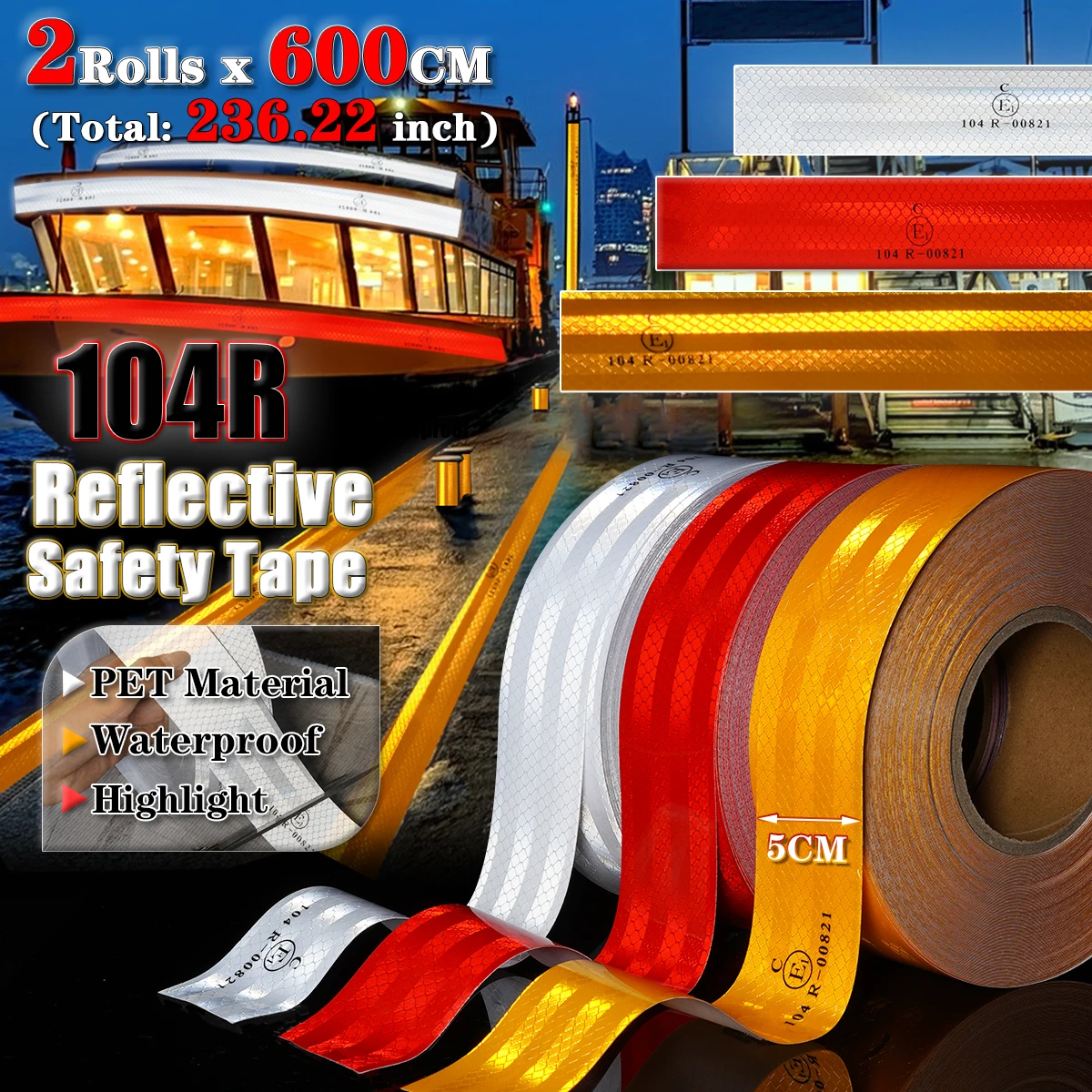 2 Rollen 104R Hochfestes reflektierendes Warnband, langlebig, selbstklebend, geeignet für LKWs, Fahrräder, Anhänger, Warnaufkleber