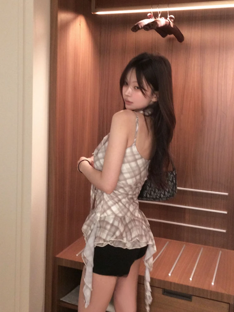 

Korean Sle Summer Pure Desire Spicy Girl Irregular Plaid Le Drifting Bandana Small Scarf Ne Hanging Strap Vest