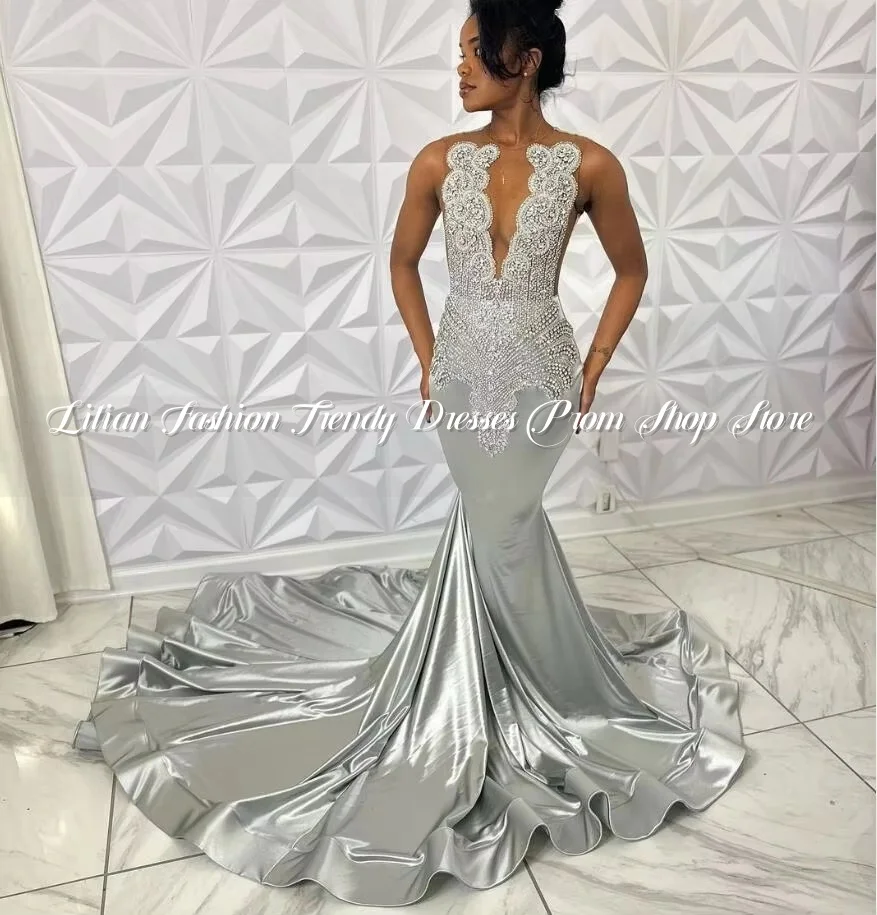 Silver Diamond Sparkly Long Prom Formal Dresses for Black Girl Luxury Crystal Gillter Mermaid Evening Custom vestido rojo sirena