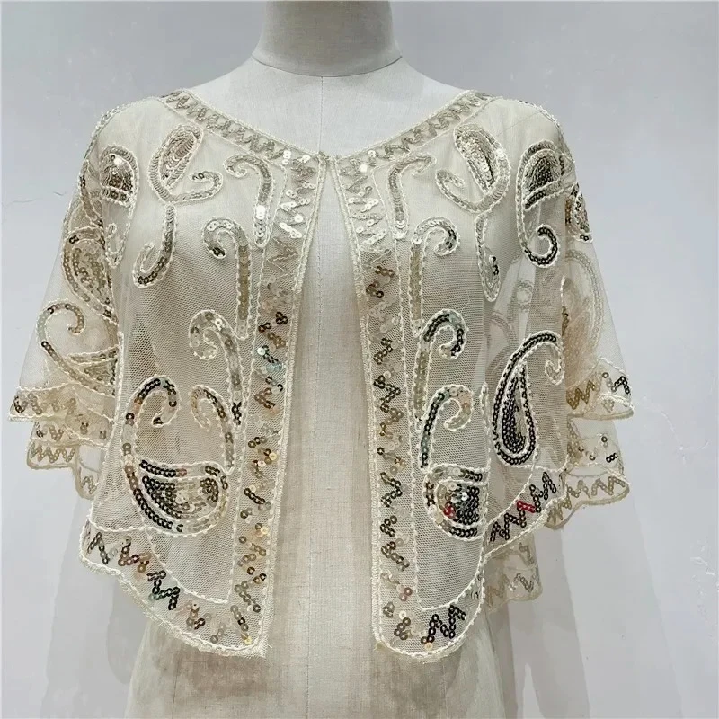 

Элегантная женская короткая накидка-шаль-болеро, винтажное ревущее плату 20-х годов, черное кружево с бисером, сверкающее блестками, вечерняя вечеринка