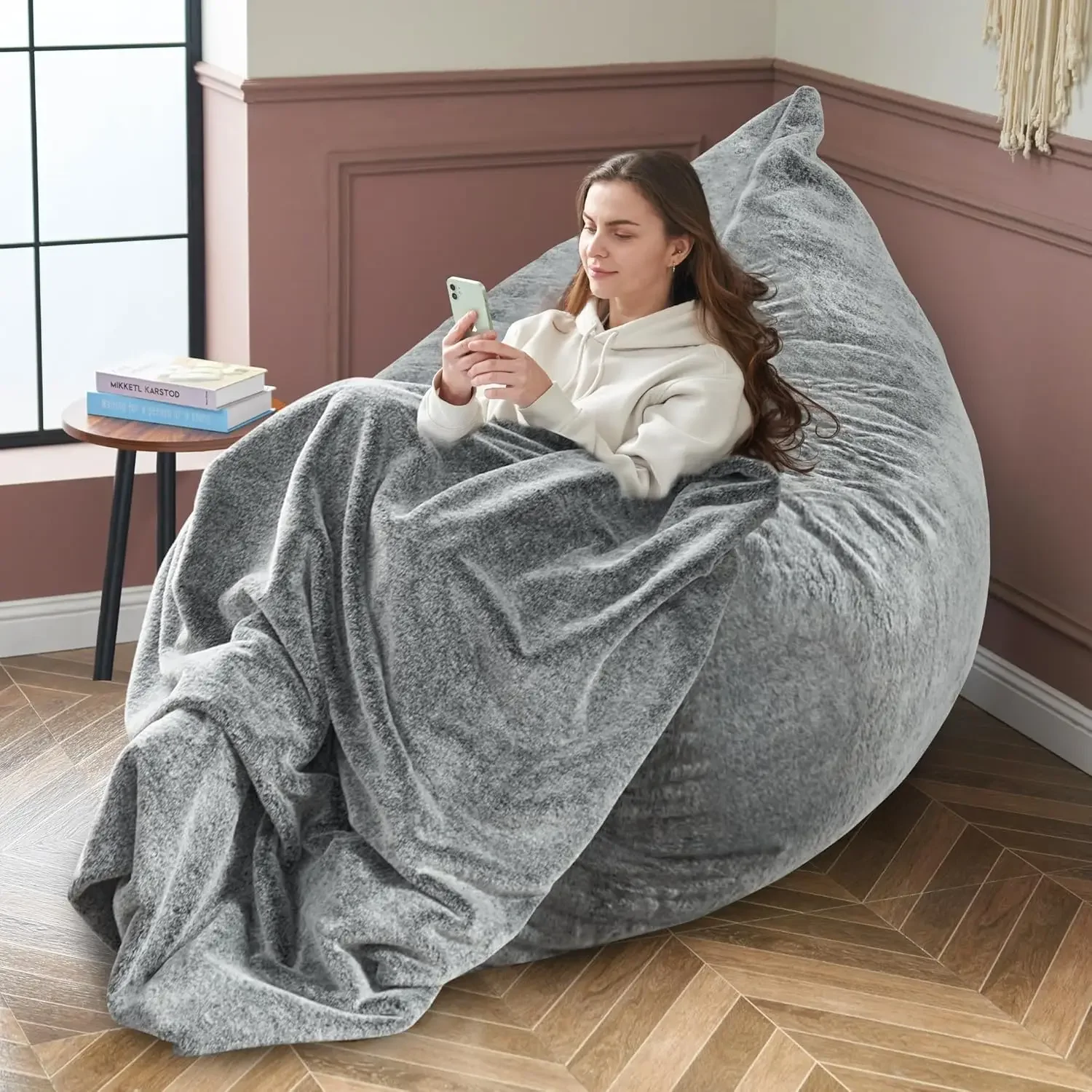 3 in 1 Bean Bag Chair, Giant Bean Bag Chair for Adult, Bean Bag Sofa with Removable Cover and Ultra Soft Blanket, Comfy Chair