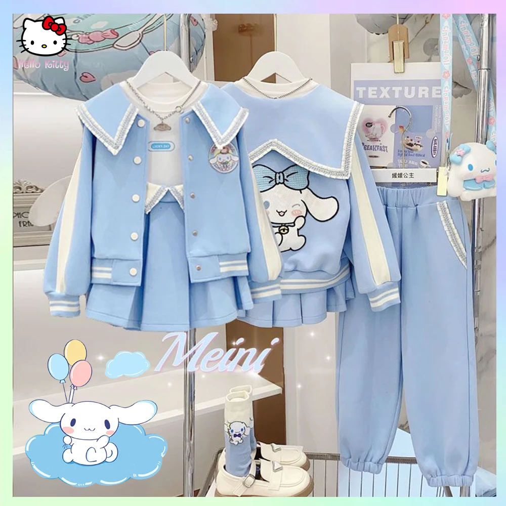 Kawaii Cinnamoroll Girls Set Blue Coat Pleated Skirt Pants Anime Sanrioed Y2K Princess College Style Korean Children Clothing