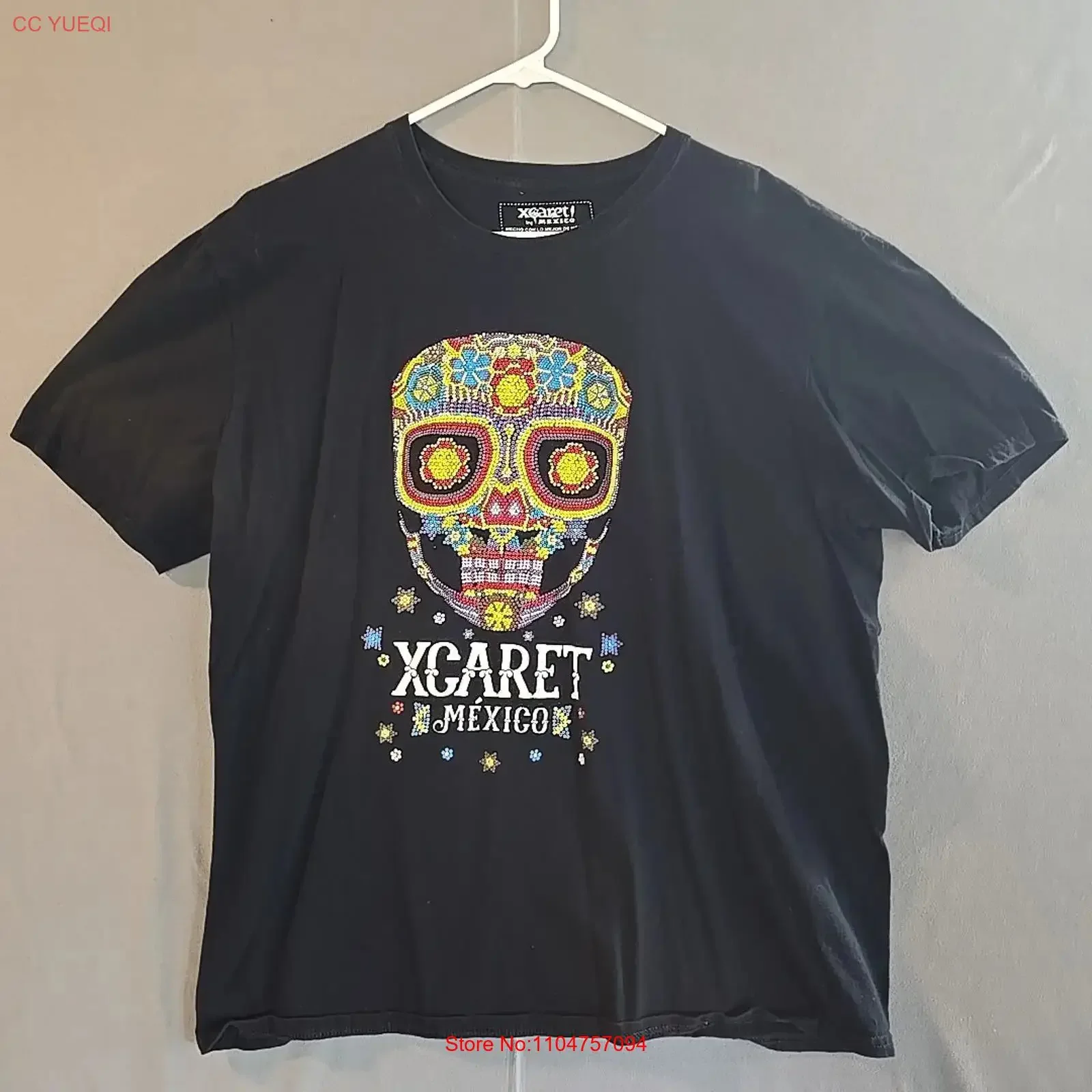 Camiseta Xcaret México para Hombre, Talla XL, Negra, con Diseño de Calavera Azucarada, Cancún, Yucatán, Día de los Muertos, Estilo Vintage, Lavada, Suave, Unisex, Elástica y Elegante