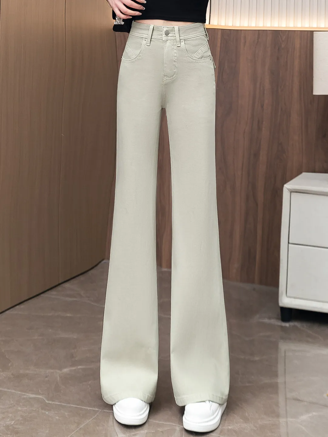 High Waist Bell Bottom Jeans Women's Spring Autumn Pure Cotton Casual Pants Slimming Effect Light Khaki Color 2026 New Style