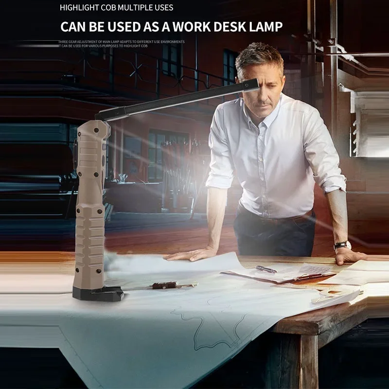 Portable LED Flashlight COB Work Light USB Rechargeable 180 ° Adjustment with Tail Magnet and Hook Emergency Work Lamp