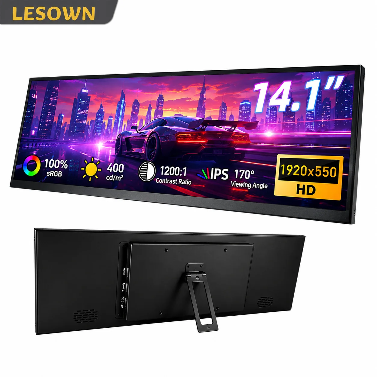 LESOWN 14.1 Inch Long Panel Mobile Monitor Plug and Play 400cd/m2 100% sRGB Type-C Secondary Screen for Mac