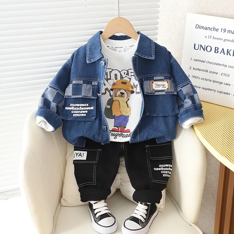 Baby Boy Valentines Day Outfit 2023 Autumn Korean Cartoon Patchwork Long Sleeve Denim Jackets + T-shirts + Pants Kids Boys Suit