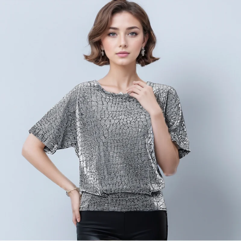 2024 Summer Fashion Stylish Shine Woman Short Sleeve Blouses New Elegant Youth Shirt Sequin Glitter Tops Casual Blusas 14081