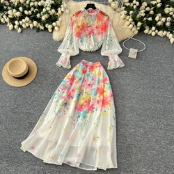 Elegant Two-piece Sets Print Lace-up Vintage Lantern Sleeves Top Chiffon High Waist Skirt Fashion Vacation High Street Clothing