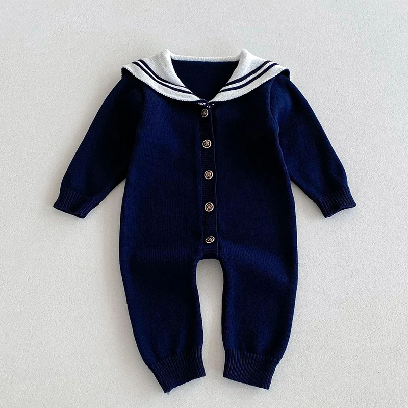 2024 New Autumn Children Clothes Infant Baby Girls Knitted Jumpsuit Long Sleeved Stripes Navy Style Toddler Baby Girl Romper