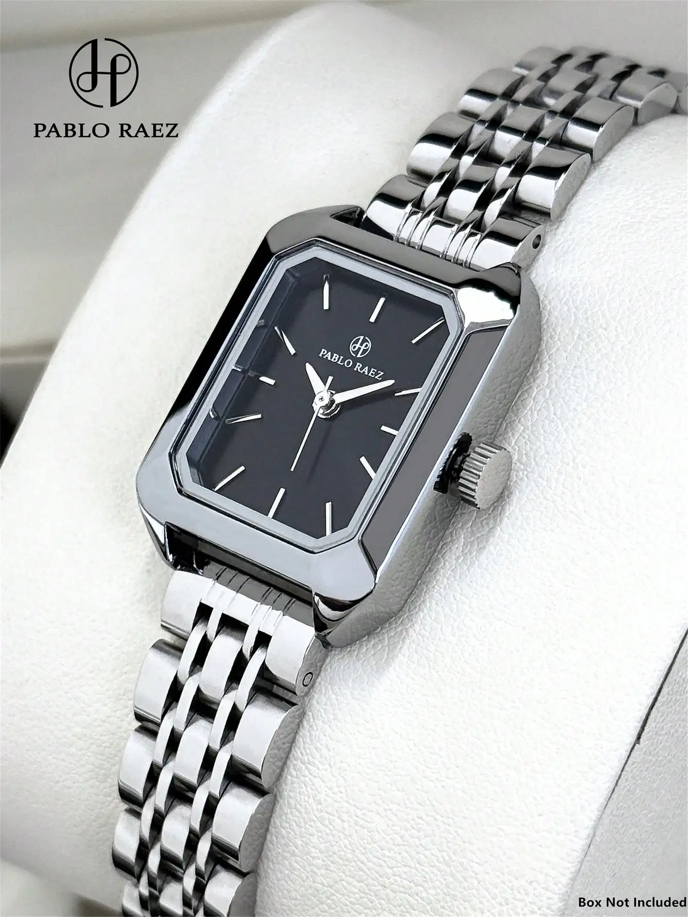 

Элегантные прямоугольные кварцевые часы с черным циферблатом и браслетом из нержавеющей стали