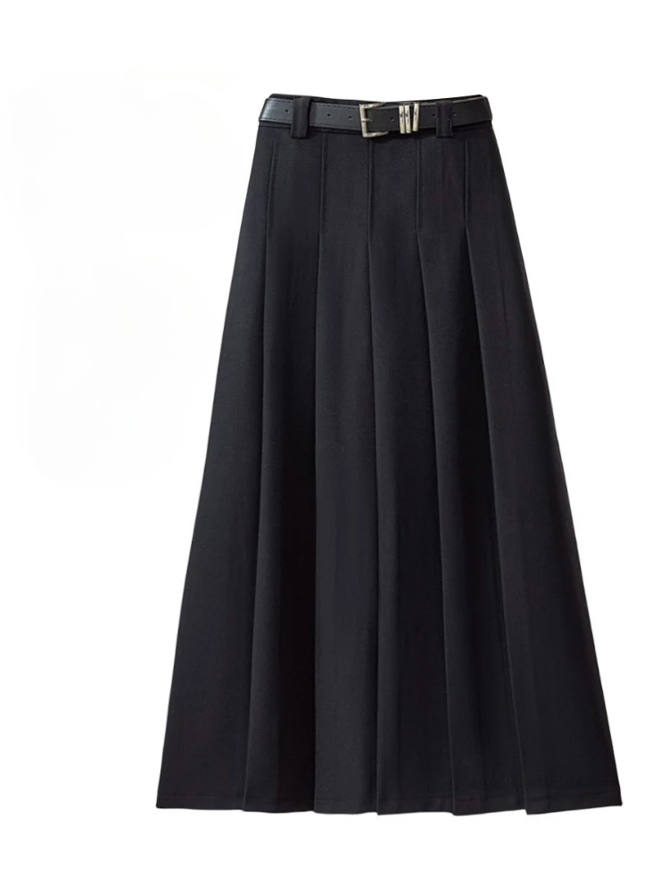 Black Grey Suit Skirt Women High Waist All-match Slim Pleated Skirts Mid-length Skirts A-line Long Skirt Solid Office Lady Dress